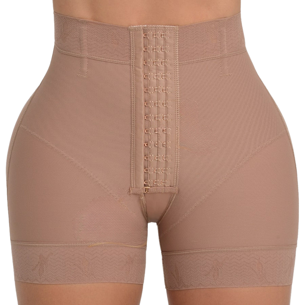 Melibelt 5035 HELENA high-waist body short in Cafe - front view with 3-level hook closure